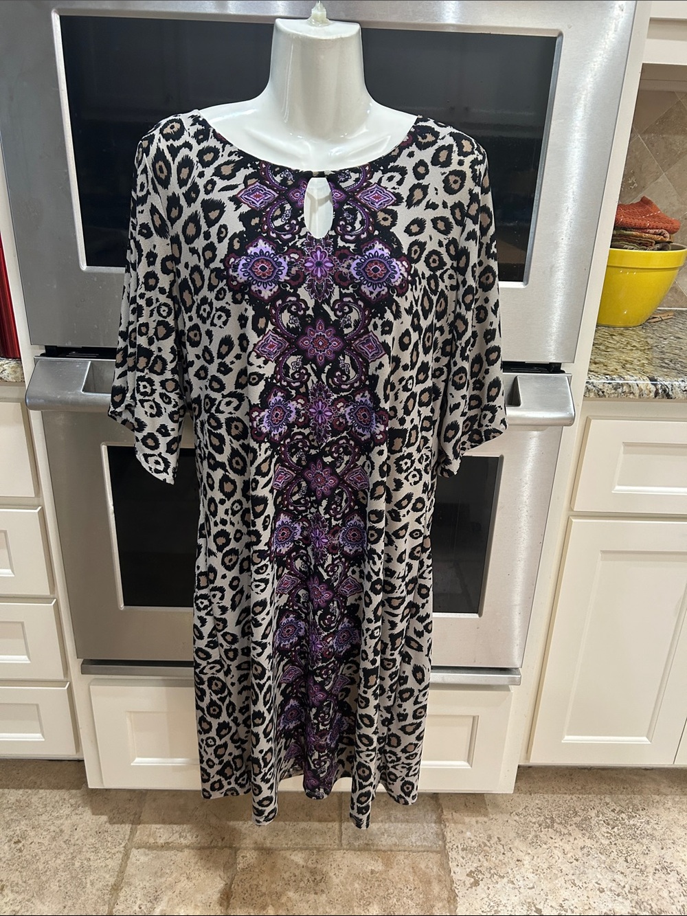 Dana Buchman Beige and Black Leopard Midi Dress with Purple Floral Panel